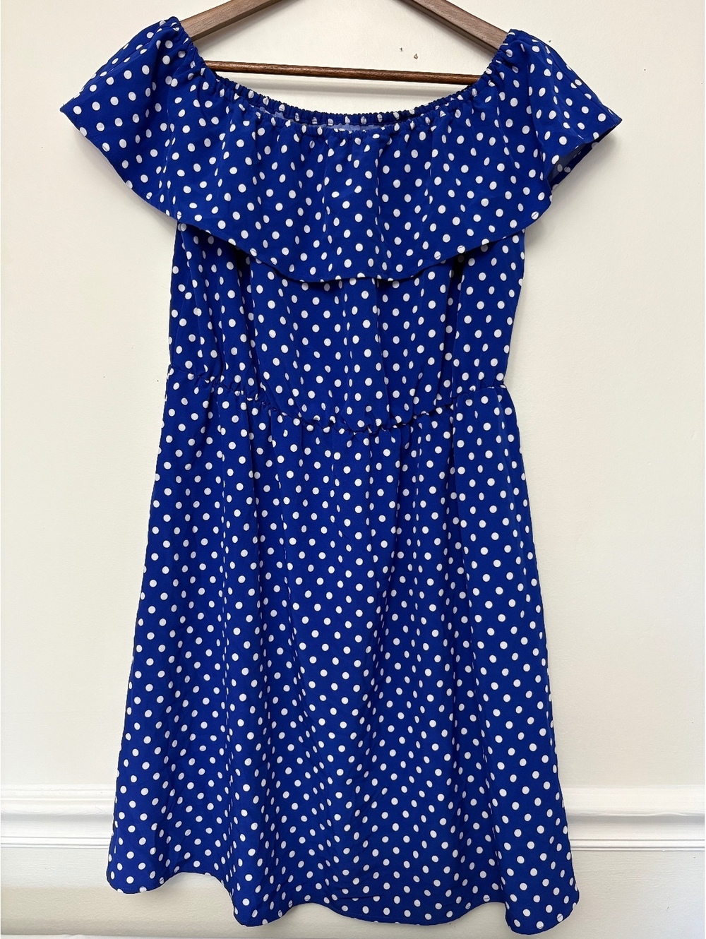 Young USA Blue Off-Shoulder Polka Dot Dress with Ruffled Neckline, Size Medium